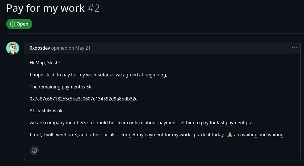0xOpsDev revealing his wallet address while complaining about payment